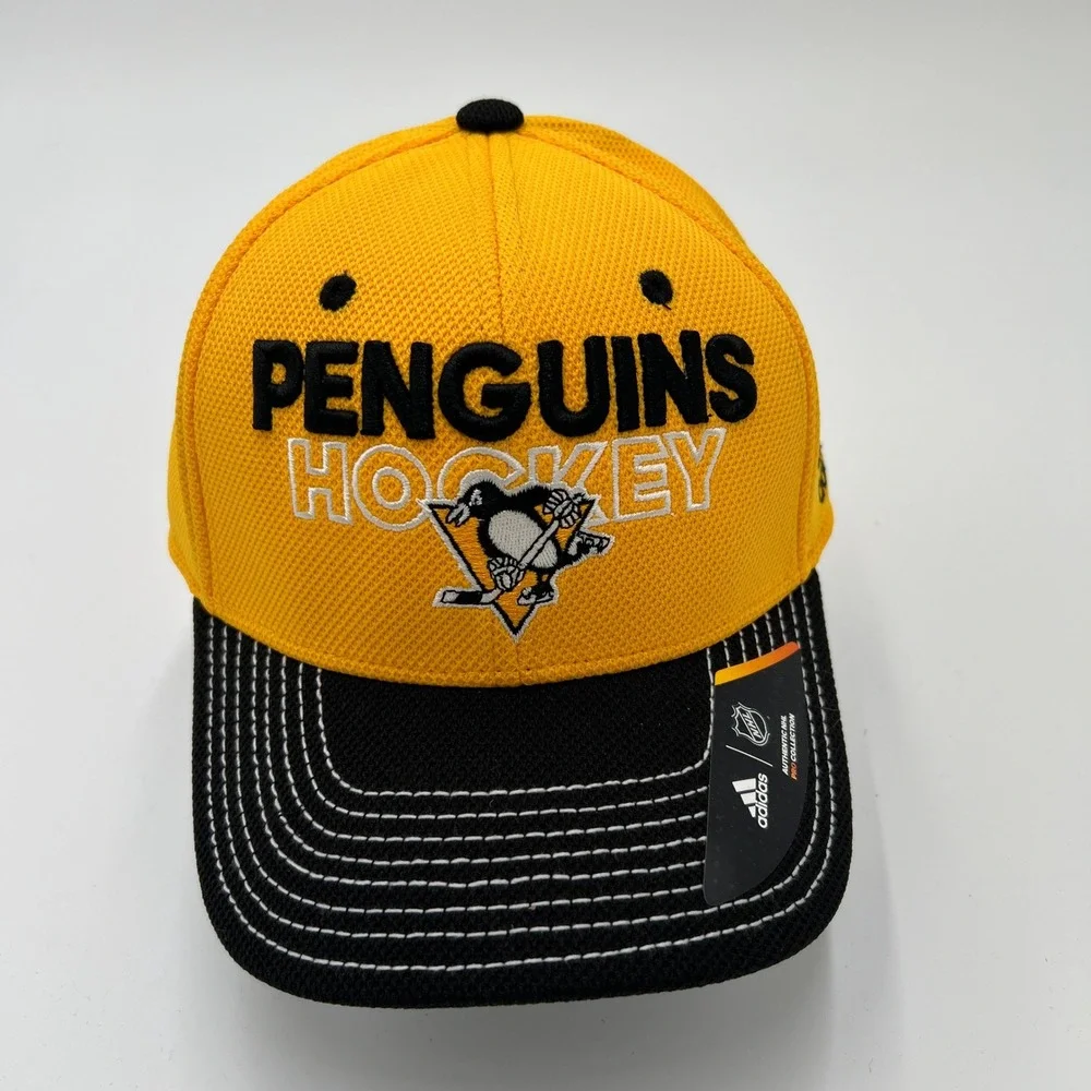 Adidas Pittsburgh Penguins NHL Hockey Hat Yellow Black Flex Fit Cap S/M FitMax70